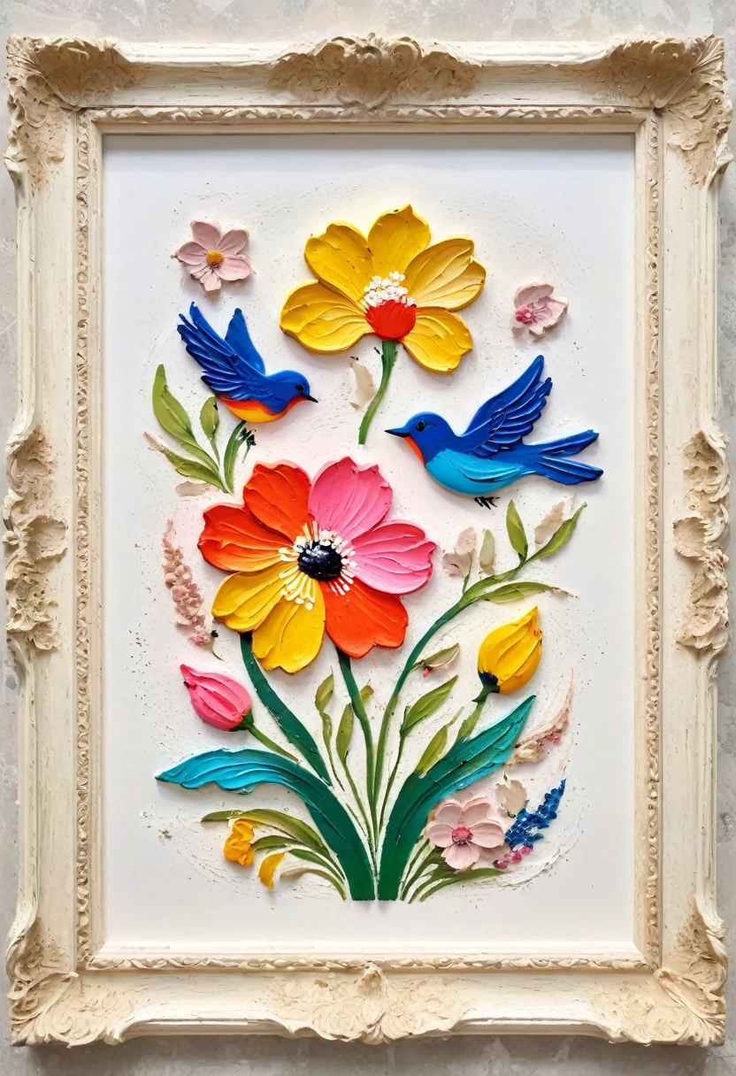 A painting in a white plaster frame:(((Soft tones,Chalk painting,Oil stick painting,flight,Thick coating,Uneven texture,Plaster texture,Graffiti)))。Korean style framed decorative painting,3D Decorating,French style flower decoration