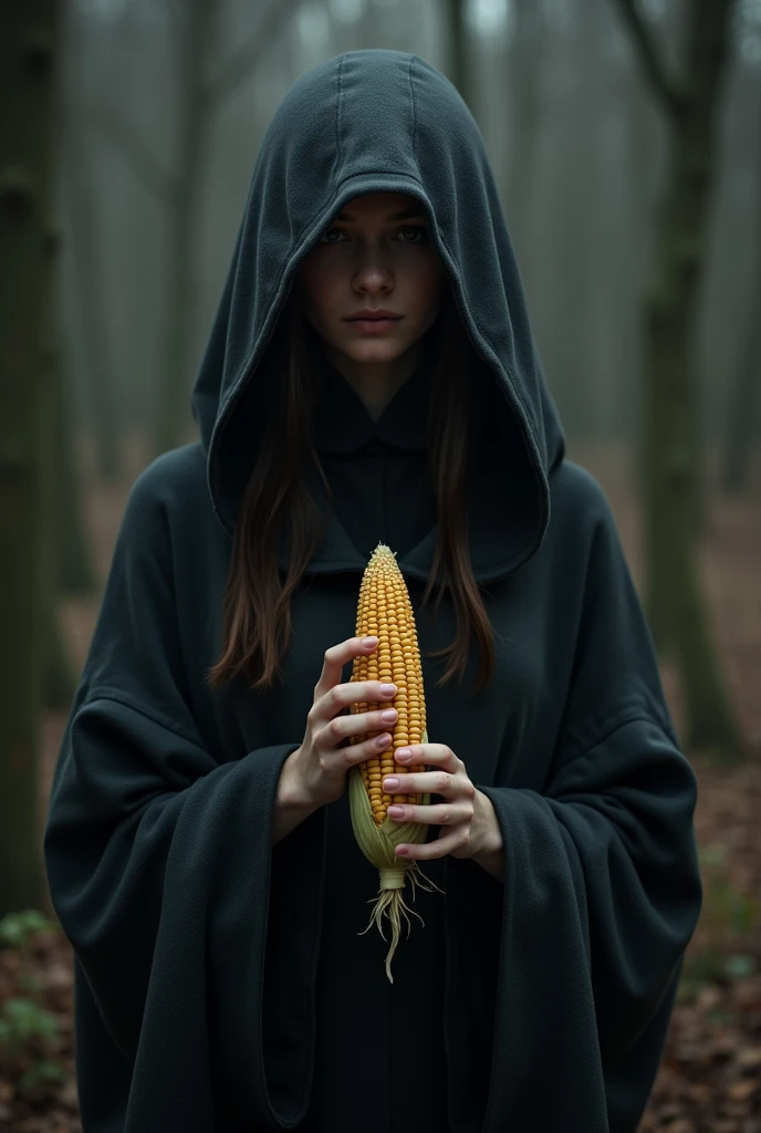 A young lady with a hood on, her face unseen, and a corncob in her hand 