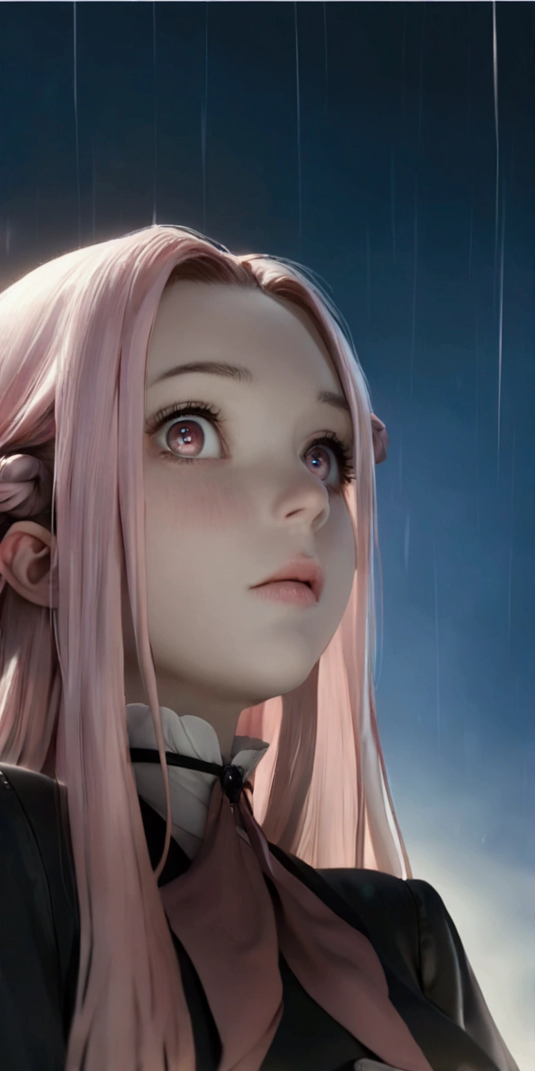 quality\（8k、Very detailedなCGユニットのwallpaper、masterpiece、High resolution、最高quality、最高qualityのリアルな質感の肌、Ultra-realistic、Increase the resolution、RAW Photos、最高quality、Very detailed、wallpaper、Cinematic lighting、Ray-tracing、Golden Ratio\）、break、、(White Hair Ribbon:0.4), Pink Eyes,(((White bun hair))),(((Pink long hair))),（school uniform、beautiful、young、Big eyes、Cosmic Eye、Long eyelashes、beautiful目、Surprised face、Small breasts、（Holding an umbrella：1.5）、look up、avert your eyes）、inside the umbrella\（Starry Sky\（Shining Star、beautiful星雲、\）And outside the umbrella\（（very dark：1.3）、heavy rain\（lots of raindrops\（Falling very slowly from the sky\）\）\）、（From below：1.4）、視聴者はinside the umbrellaを見ることができます、whole body