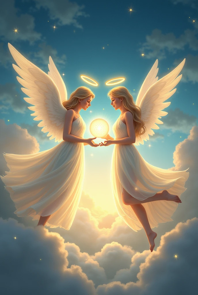 I envision an image that captures the essence of the name, with an aura of light and serenity. The image could depict two ethereal, androgynous-looking angels gently hovering in a twilight sky tinged with deep blue and golden hues.

The angels have majestic, translucent wings that seem to be made of pure light, radiating a soft glow that illuminates the surrounding environment. They are positioned opposite each other as if engaged in a celestial dance, with golden halos above their heads. One angel holds a small luminous orb, symbolizing wisdom and guidance, while the other extends a delicate hand as if offering protection.

In the background, stars begin to appear in the sky, blending with the light from the angels' wings, creating a constellation-like effect. The image evokes a sense of calm, spirituality, and inspiration.