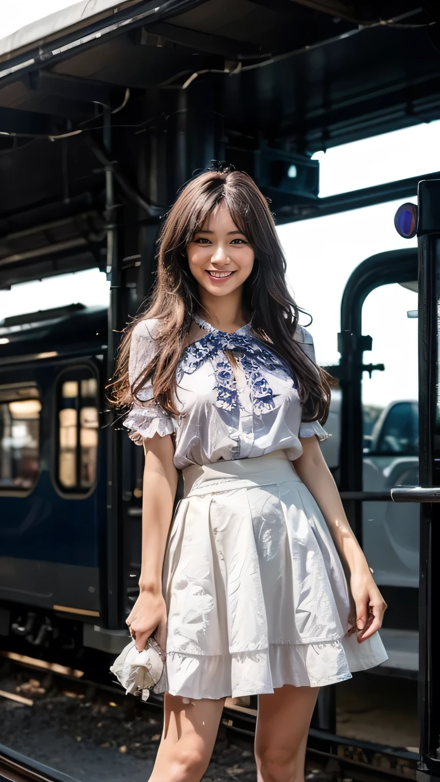 (A big smile、Squint your eyes and laugh)、(Realistic、Like a photograph、Live Action、8k, Realistic, RAW Photos, Best image quality: 1.4), Single-lens reflex camera、RAW Photos, Highest quality, Realistic, Highly detailed CG Unity 8k wallpaper, Written boundary depth, Cinematic Light, Lens flare, Ray Tracing, Realistic background、A landmine girl waiting for someone、((Wearing a white blouse:1.4)、((wear a frilly skirt:1.1)、Large Breasts))、((Ultra-Dense Skin))、 1 person、standing front of train station, Waiting for someone while looking at a smartphone、The whole body is visible:1.5、(Long Hair:1.2、My hair is blowing in the wind)、stylish ambiance、The perfect outfit、(White skin)、Precise and beautiful legs:1.1、View from below、Highly detailed face、Anatomically correct body、Accurate fingering