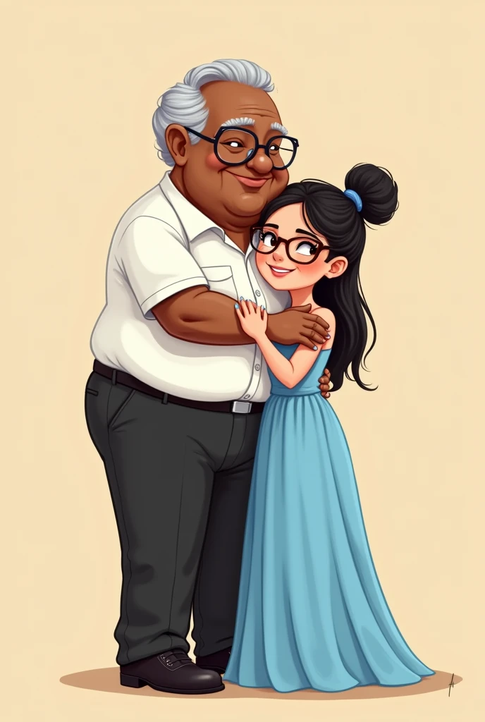 Create me an illustration (drawing) of my grandfather and I giving each other a hug The dark-skinned grandfather,very little gray hair of thick build,Brown eyes,with very thin rectangular glasses,a small black ring on the ring finger of his right hand and clothing that is a white, medium-short-sleeved shirt and black suit pants with black dress shoes.
The woman who is a 15-year-old teenager with a very light blue long quinceanera dress with a not-so-large neckline. That the woman is white-skinned., slim build with thin round brown glasses, blue eye makeup,long light blue nails,Dark brown eyes and short brown hair and the background should be beige