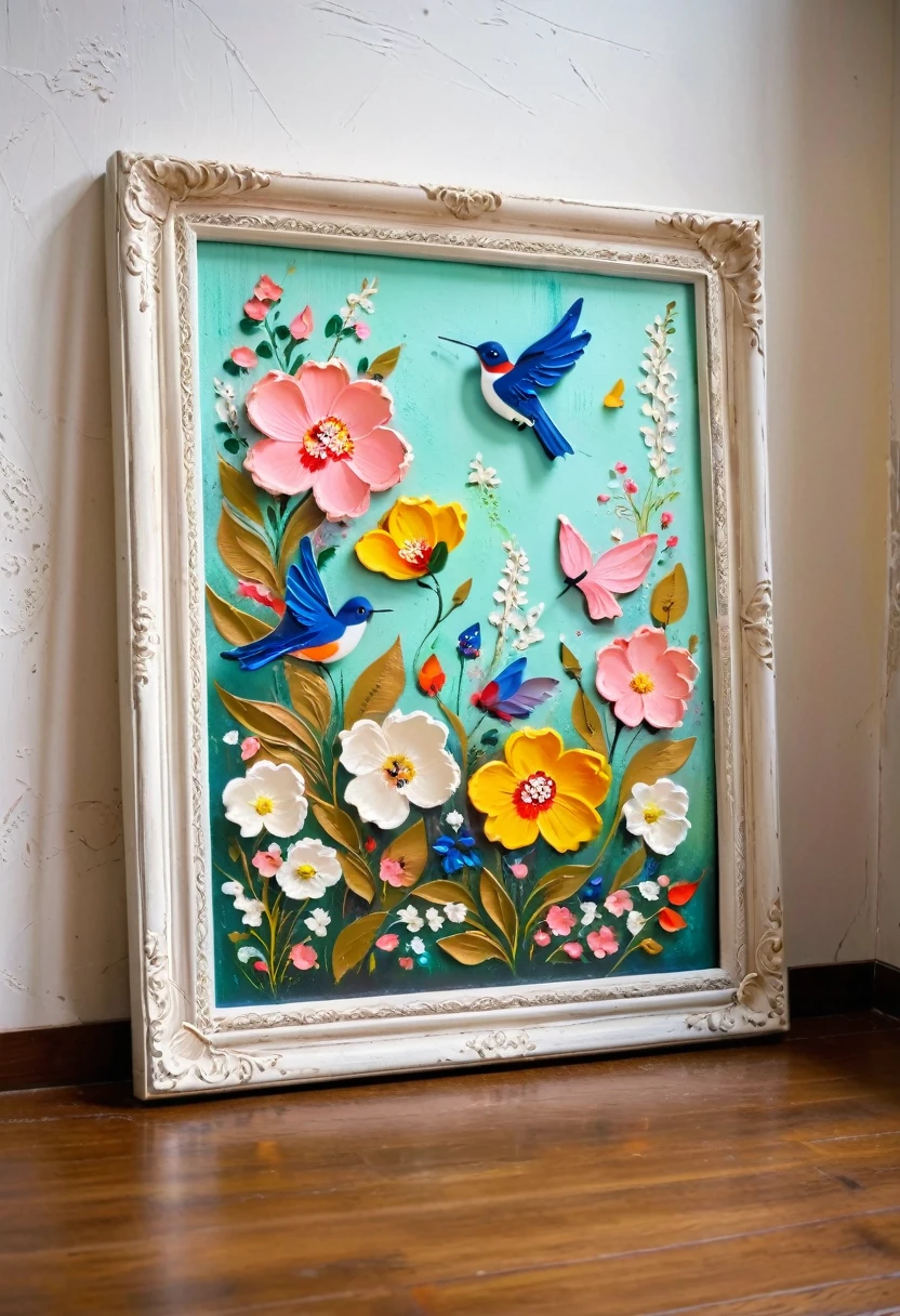 A painting in a white plaster frame：(((Soft tones，Chalk painting，Oil stick painting，flight，Thick coating，Uneven texture，Plaster texture，Graffiti)))。Korean style framed decorative painting，3D Decorating，French style flower decoration