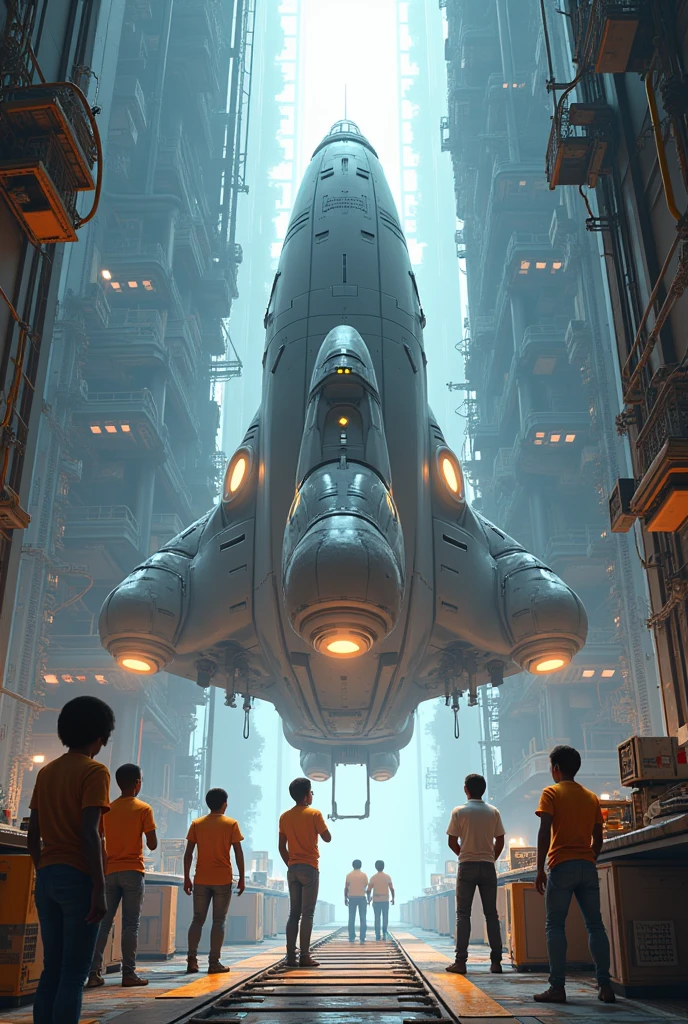I want an animated image where several people are building a spaceship