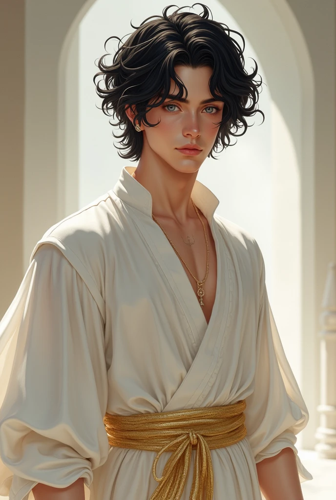 A young man in a white tunic with a gold ribbon around his waist, White skin, wavy black hair, of small stature and full body with the face of a god