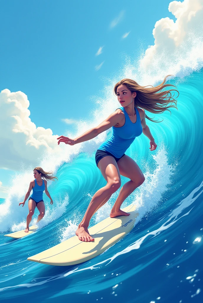 Illustration for a canvas of alliances for the anniversary of the Obstetrics and Childcare career, The alliance corresponds to the "Blue Alliance" and its theme is "Surfers". I need the design to contain surfing elements, Obstetrics and the color blue.