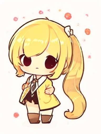 ((chibi)), big head, focus face, flat avatar, (masterpiece:1.2, highest quality), (Realistic, photoRealistic:1.4), Beautiful illustrations, (Natural Side Lighting, Cinema Lighting), Written boundary depth, Beautiful thighs staring at the viewer, 1 female, 20-year-old, alone, thin, slender, (small breasts), anime girl in a short check skirt and Black blouse with formal collar with a yellow tie, long white sox, yellow cardigan, hanayamata, single character full body, anime full body illustration, from girls frontline, full body single character, girls frontline style, anime vtuber full body model, render of april, full body with costume, full body illustration, visual novel sprite, fine details. girls frontline
