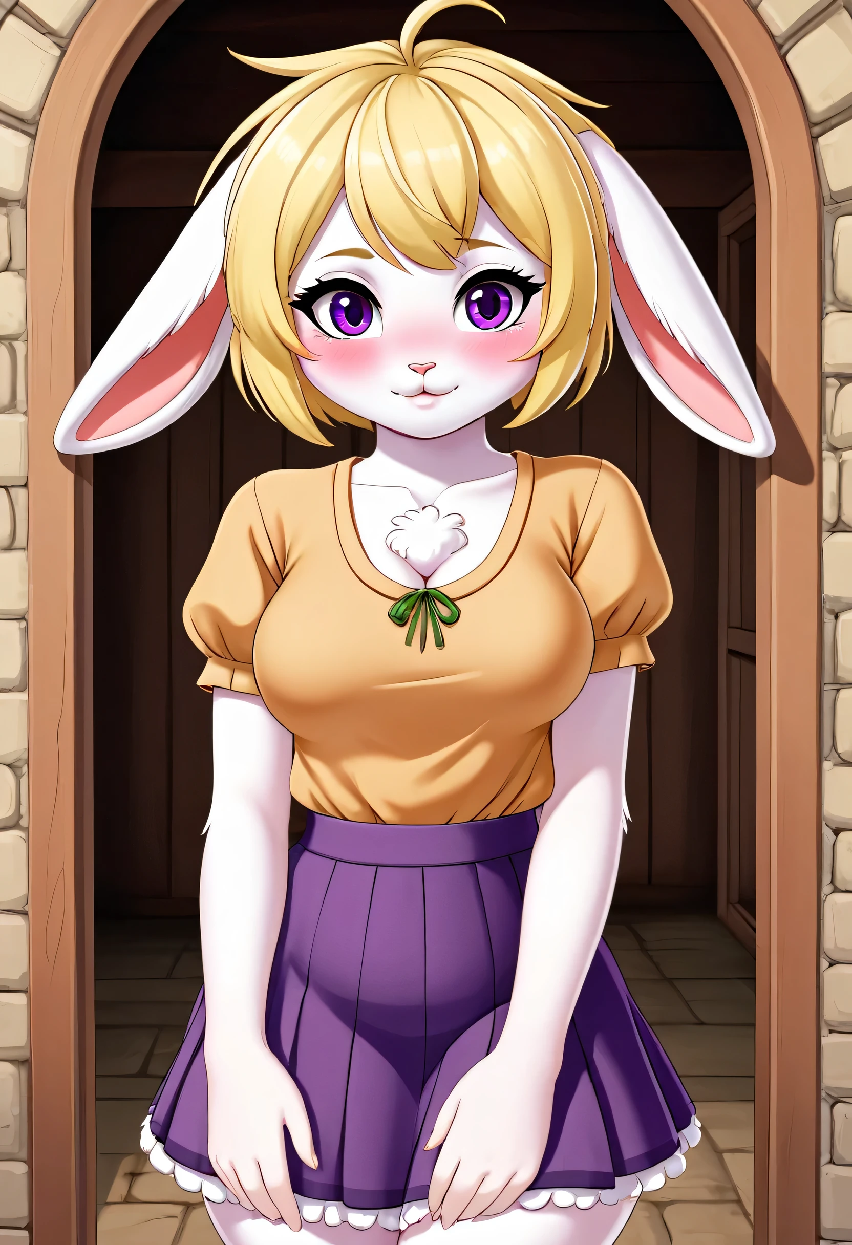 A bunny girl named Cera, her fur is white colored, her short feathered hair is blonde, and her eyes are purple. She has a fit body and budding breasts. She is wearing villagers clothing. Cera wants to mate with viewer causing her to blush. She is welcoming the viewer home.