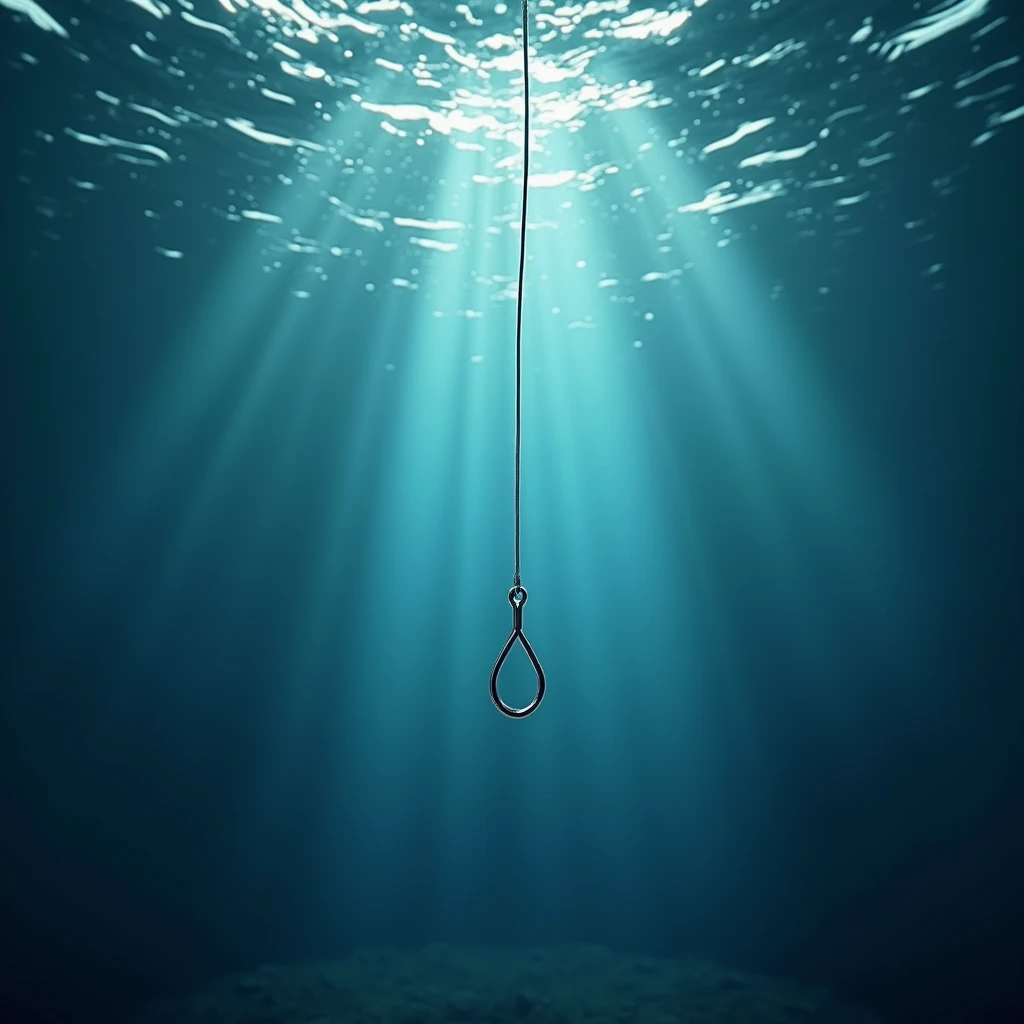 Looking up from under water, the surface of the water looking up is shaking, fishing, the hook hangs down,