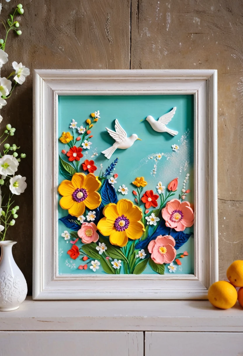 A painting:(((Soft tones,Chalk painting,Oil stick painting,flight,Thick coating,Uneven texture,Plaster texture,Graffiti)))。Korean style framed decorative painting,3D Decorating,Clay decoration,French style flower decoration。White plaster photo frame。