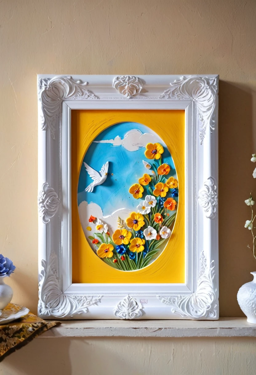 A painting：(((Soft tones，Chalk painting，Oil stick painting，flight，Thick coating，Uneven texture，Plaster texture，Graffiti)))。Korean style framed decorative painting，3D Decorating，Clay decoration，French style flower decoration。White plaster photo frame。