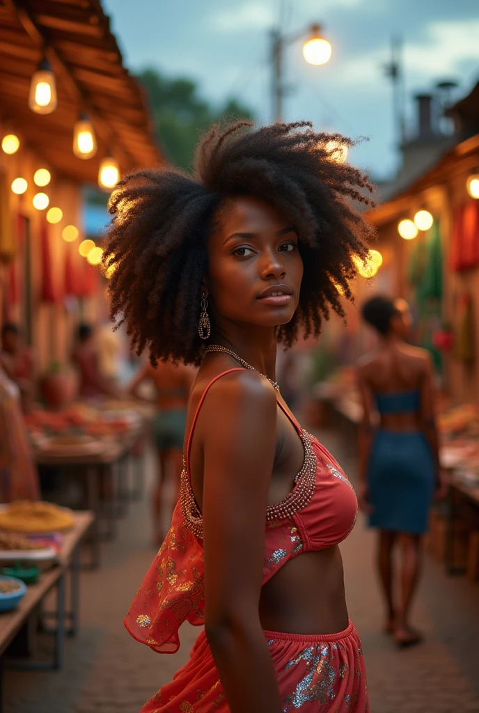 Here’s a creative and unusual description that contrasts the woman’s beauty with an unexpected setting:

"An enchanting photograph captures a woman in a flowing, iridescent gown standing amidst a whimsical, bustling street market at dusk. Her red bikini peeks through the delicately layered fabric, hinting at summer's embrace, while her radiant skin glows against the backdrop of vibrant stalls filled with colorful spices, handwoven textiles, and glistening trinkets. The chaos of merchants and the aroma of exotic foods swirl around her like a vibrant painting, yet she remains a serene focal point, exuding effortless elegance.

Her Afro hair, adorned with tiny sparkling beads, dances in the warm evening breeze, reflecting the twinkling lights strung overhead. As she holds a basket overflowing with fragrant herbs, her perfect eyes engage playfully with a mischievous street artist painting a mural nearby. The mural illustrates fantastical creatures, mirroring her own larger-than-life beauty. (Dramatic evening lighting, soft focus on the background), 160-color support, filmed on ARRI ALEXA 65, enhancing the contrast between her ethereal beauty and the raw vibrance of urban life. Captured by Don McCullin, this image portrays a harmony between the model’s striking features—echoing those of Angelina Jolie—and the lively spirit of the market, creating a captivating juxtaposition of elegance and everyday chaos."

beauty, model, elegance, glamour, fashion, stunning, radiant, whimsical, vibrant, enchanting, striking, ethereal, playful, artistic, sophisticated, lively, unique, juxtaposition, cultural richness, urban beauty, personality, portrait, beauty photography, professional model, street art, market scene.
