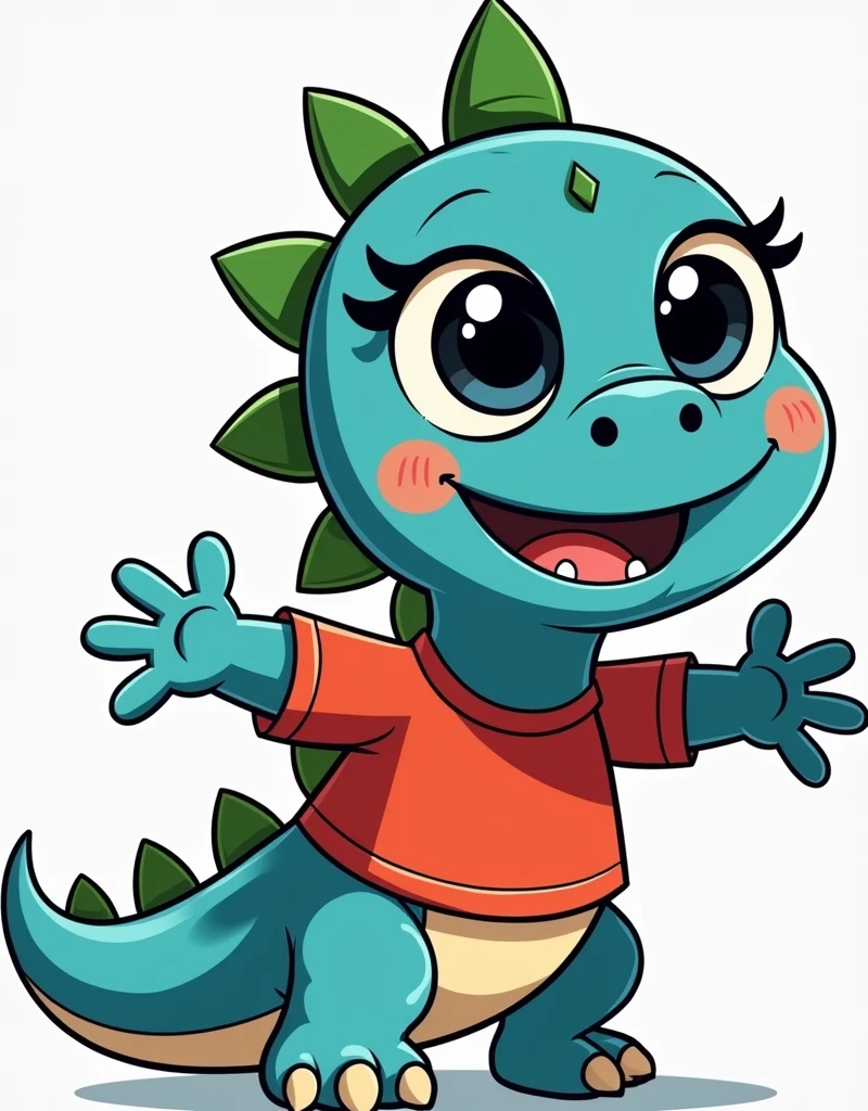 An illustration for children of a dinosaur, with the appearance of an , Happy face, happy, no eyelashes, with red shirt, without pants, blue skin, green dinosaur crests on the head and tail, full body, four fingers on each hand, jumping for joy, with an appearance of tenderness, White background