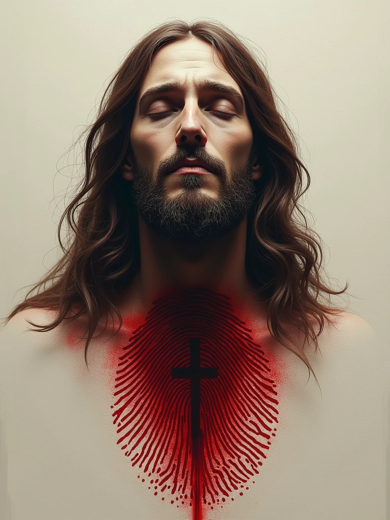 a fingerprint with a cross in the middle, a blood-colored fingerprint, exposed with the face of Christ, with his eyes closed, looking out at the ground as a background.