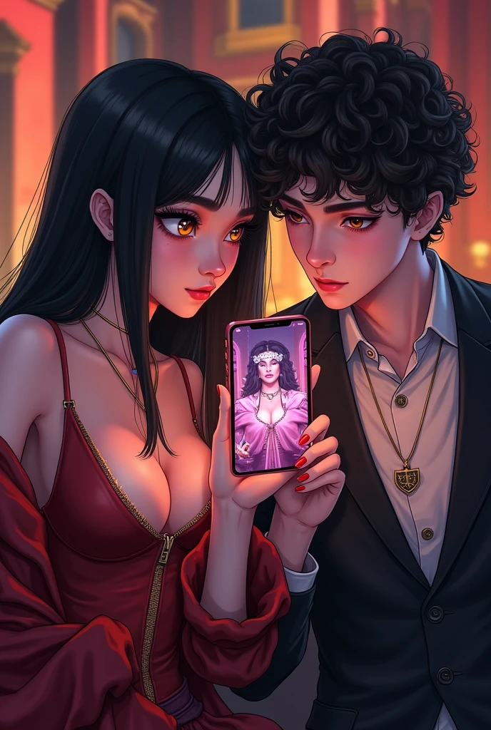 Make a age girl with long black straight hair, high, wealthy, White skin, with provocative clothing and next to her her friend a teenmale, homosexual, high, black curly hair, pale skin, wealthy with iphone both admiring the GOD OF FREE FIRE