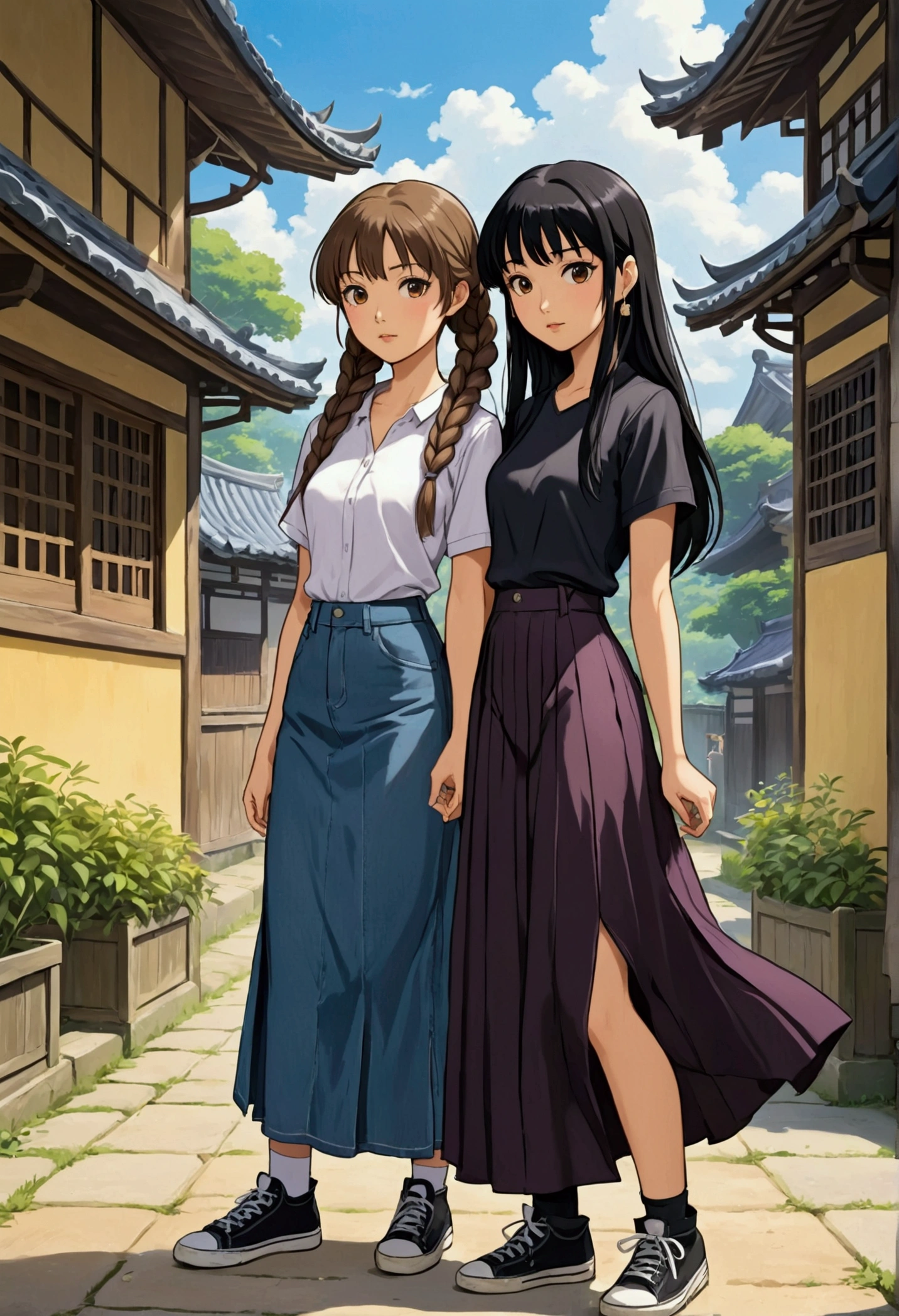 create an idyllic image of two young women in anime style, One is a British woman with brown hair who wears two long braids as a hairstyle, she is dressed in a long black skirt down to her ankles and a short-sleeved violet shirt and wears short boots on her feet next to her a beautiful Asian woman with long, straight black hair and bangs who wears a short-sleeved yellow shirt and a long ankle-length skirt made of light blue jeans, on her feet they have black sneakers with white details. They are in front of a lot of fans who adore them and they have fun with them