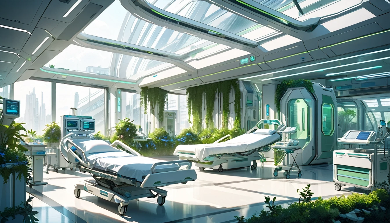 Futuristic hospital, from an eco-futuristic city, hospital with stretchers and medical equipment, green plants and shrubs, building with large windows and good lighting.