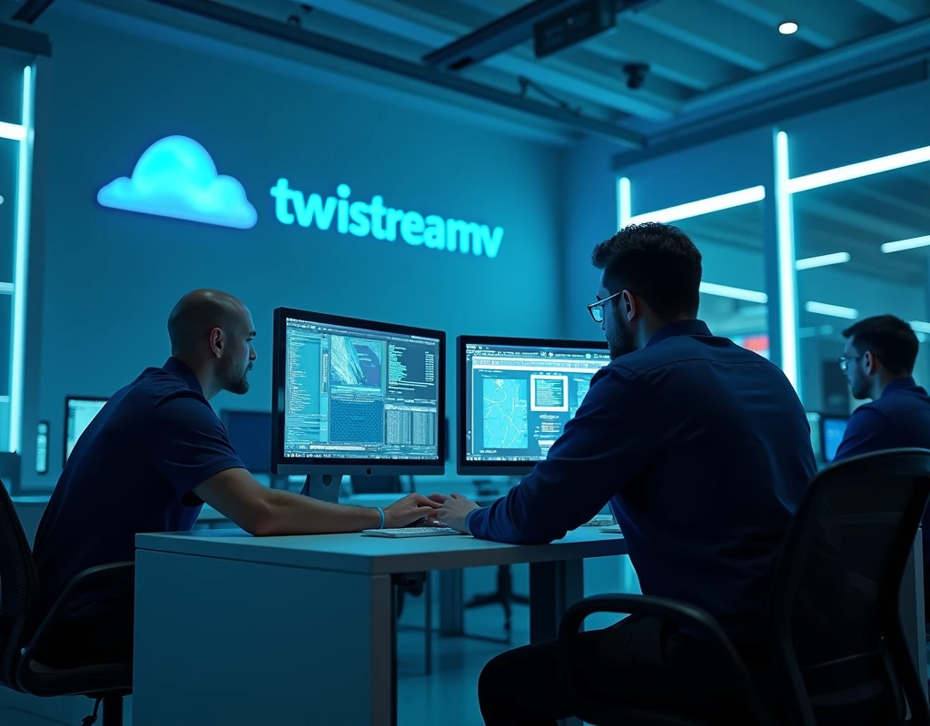 Il y a plusieurs homme assis de coté sur des bureaux avec deux écrans d&#39;ordinateur., Éclairage bleu et , Post-production 8K, Post-production 8K, Éclairage bleu , Post-production 8K, Post-production 8K, Composition, Cyberpunk Clay, avec éclairage cinéma, Éclairage aux couleurs cinématographiques, Rendu 3D 8K tiré, Portrait pris en 8K avec le logo de "Twistreamv en bleu "
