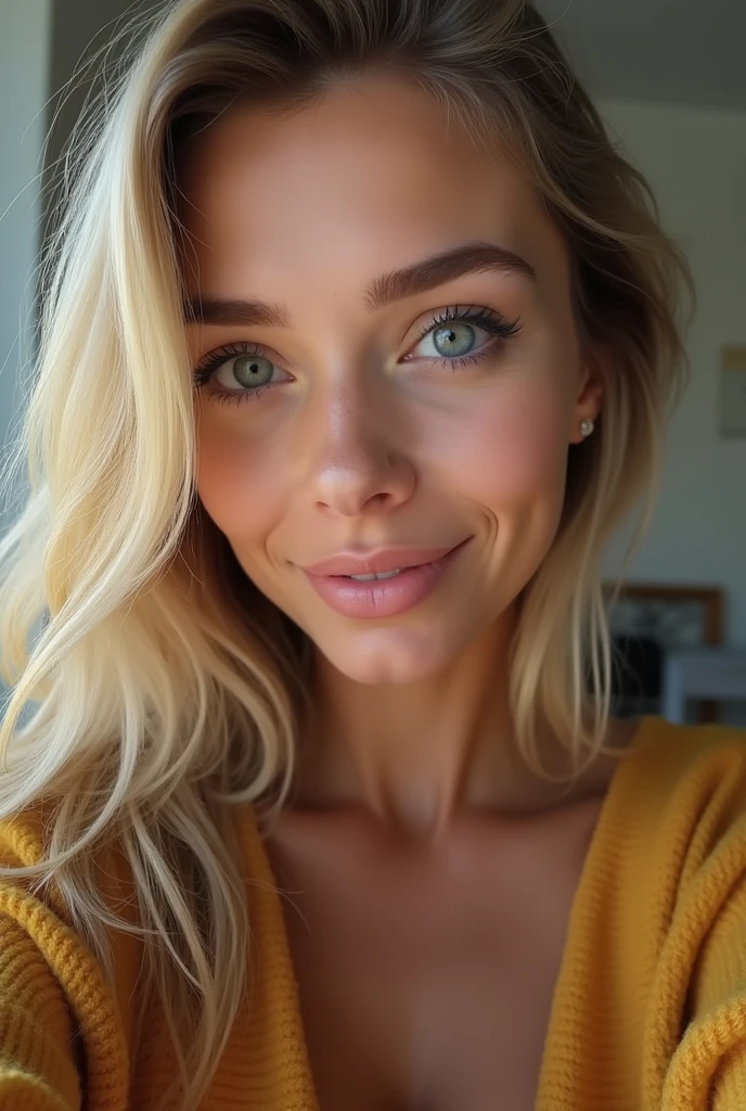 selfie, clin d'œil, jolie femme au visage de bébé, expression attrayante et séduisante, Timide, Cheveux blonds raides, front, se maquiller, yeux bleus, proportion corporelle superlative, portant une chemise en tricot ample, pantalon en cuir moulant, Bottes d'ingénieur, Artistique, Hyper, art numérique graphique CG
