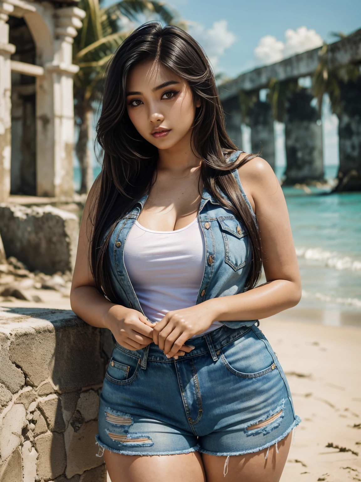 (SFW, Beautiful aesthetic sexy Malaysian|Filipina female model:1.3), thicc hourglass figure, wearing denim shorts and shirt, long messy hair, beach ruins at sunrise, soft fill lighting, freckles, perfect eyeliner and eyeshadow
