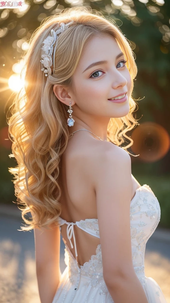 ((RAW shooting:1.5, Realistic:1.5, 8k, Highest quality, masterpiece, Ultra-high resolution)), Inside the luxurious British royal palace, Professional camera work:1.3, Very detailed肌と顔の質感:1.3, Glowing light effect, Very detailed:1.3, Cute 18-year-old British princess, Fair skin, Glowing Skin, (elegant:1.4, Small face), Extremely cute face:1.5, (Cute Blue Eyes:0.9, Looking into the distance), smile:1.0, (Open your mouth a little:0.4, Cute mouth:0.7), double eyelid, ((Very long white blonde curly hair)), tiara, Necklaces and earrings, ((elegantで品のあるタイトなドレスをオフショルダーで正しく着こなす方法)), Big Breasts, Cowboy Shot, ((sunrise, Sunlight shining from behind:1.6, Strong sunlight fills the screen:1.6)), ((Strong sunlight shines on the woman:1.7))