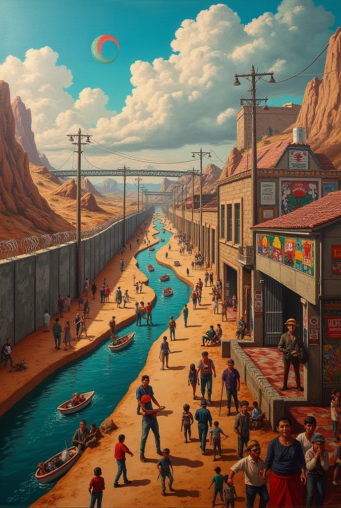 Create a horizontal mural representing the border between Mexico and the US.UU. and corruption as if Diego Rivera had done it