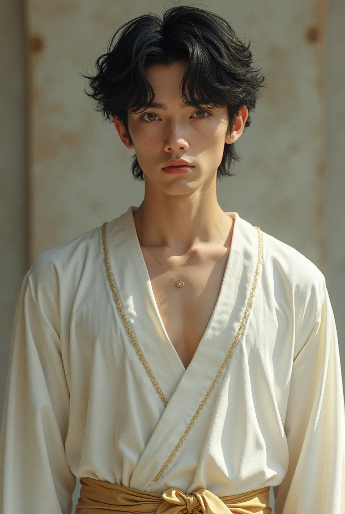 A young man in a white tunic with a gold ribbon around his waist, white skin, wavy black hair, small in stature and full body with the face of a god Real life