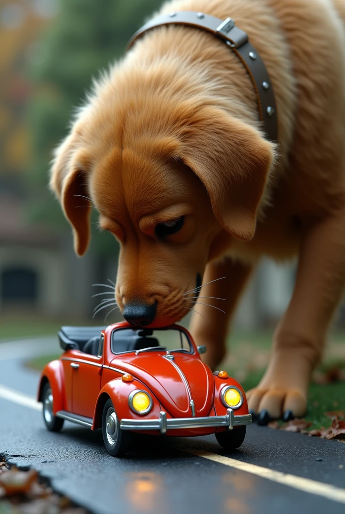 a miniature detailed 1970 volkswagen beetle car, detailed turn on lighting, on a toy roadtrack, (a giant friendly ultrarealistic dog playing with the tiny car), ((highly detailed, photorealistic)), 4k, 8k, masterpiece, hyperrealistic, ultra-detailed, physically-based rendering, vivid colors, studio lighting, sharp focus, professional