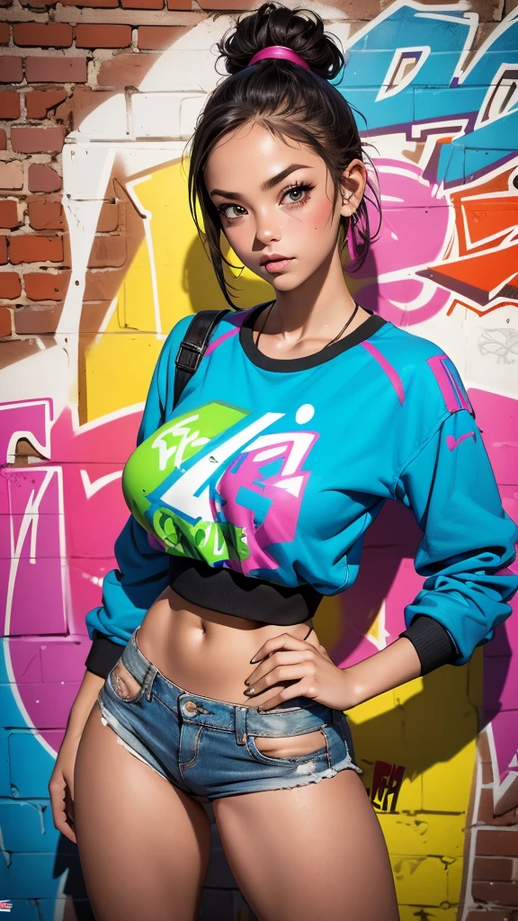 (Best Quality), (High detail), (vivid colors), (Very detailed), (graffiti style), (Freestyle), (close up), (1 girl), (NSFW)young, sexy, teenage woman, big , (see through), fitted top, posing in front of a brick wall painted with street art, HdR, 8k, 3D, graffiti art style.  