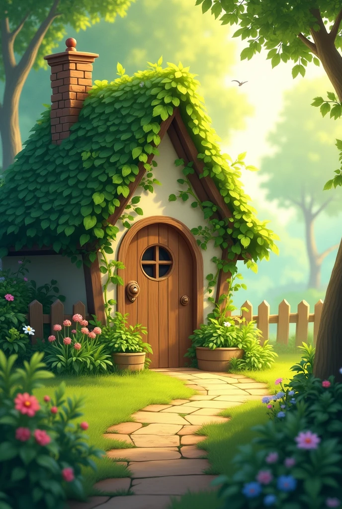 Green morning knocking on the door of a little house