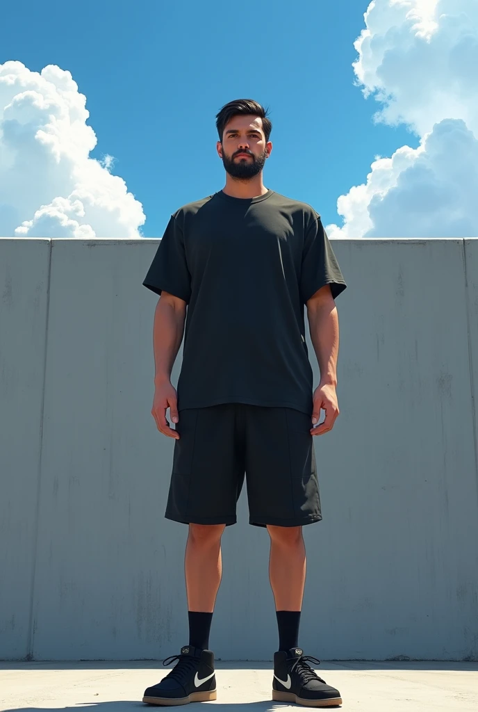 A 36 year old man 1,75m tall with short black hair, medium sized dark beard, black shorts and black t-shirt, black socks and black nike sneakers standing in front of a high wall. blue sky with some clouds