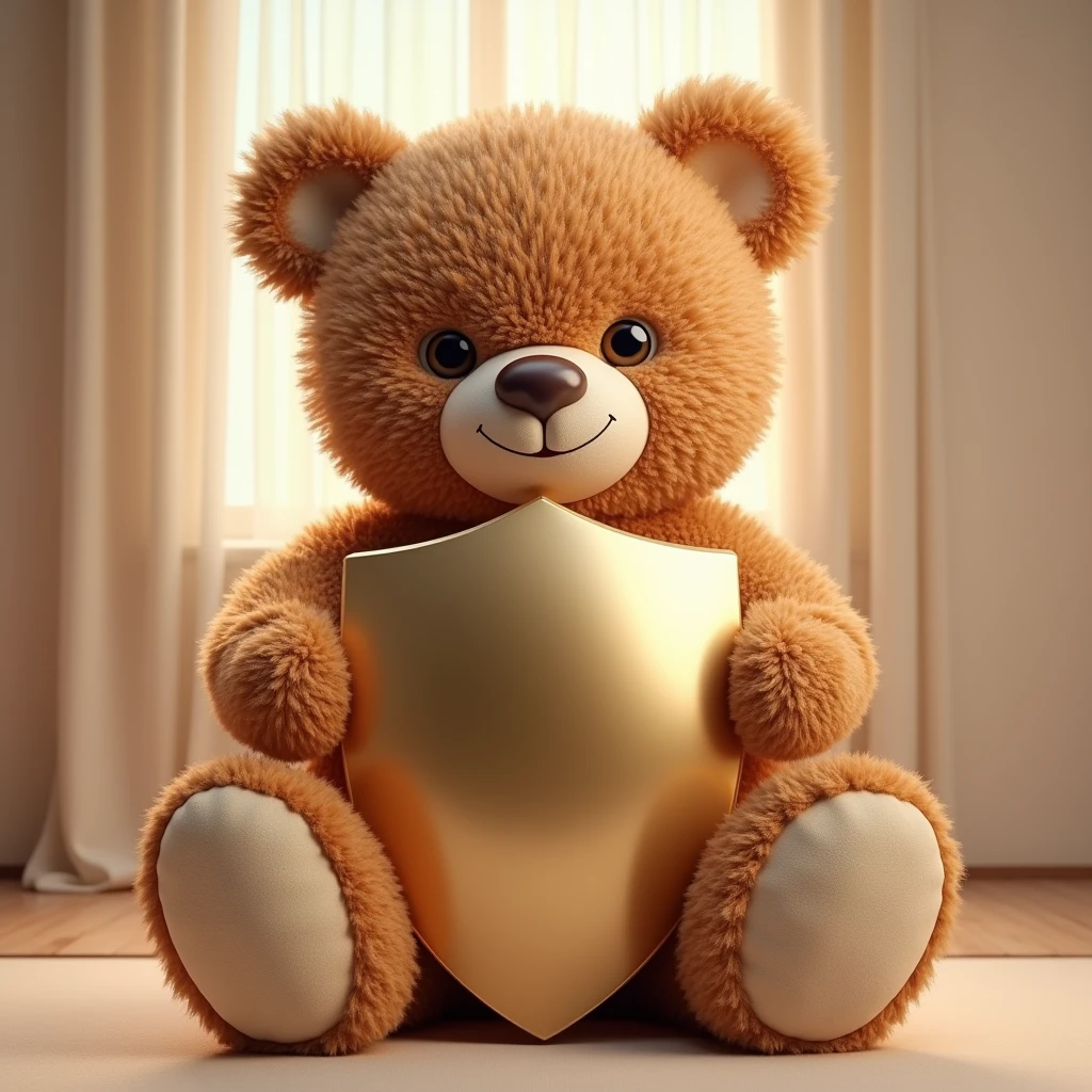 Imagine a giant, charismatic teddy bear, with highly detailed textures and a cozy design. This bear, called "Teddy Shield", displays a gentle smile and has large, expressive eyes that convey security and affection. He holds a shiny protective shield that symbolizes the anti-allergy and anti-fungal safety of the company's products.. The bear's fur is soft and fluffy, with soft shades of brown and beige, reflecting the premium quality of the product. Add a slight glow around the bear, suggesting a magical and protective touch. The scene should have soft lighting, highlighting the fur textures and shield details. Use a pastel color palette to reinforce a sense of comfort and security.. Make sure the bear is in a friendly pose, as if ready for a hug, with a warm and welcoming expression.
**Camera**: 50mm lens, aperture f/1.8 for soft focus on the bear, slightly blurred background to highlight the character.