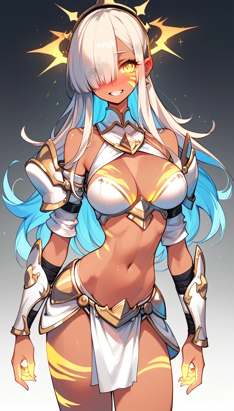 1girl, solo, long hair, large breasts, athlete, (bikinia armour), bangs,hair over one eye, waistcloth, bare limbs, bare stomach, bare thgihs, Humanoid face and body, stripes on cheeks, standing, erotic pose, erotic smile, nose blush, dark skin, Leaning forward, Glowing Skin,