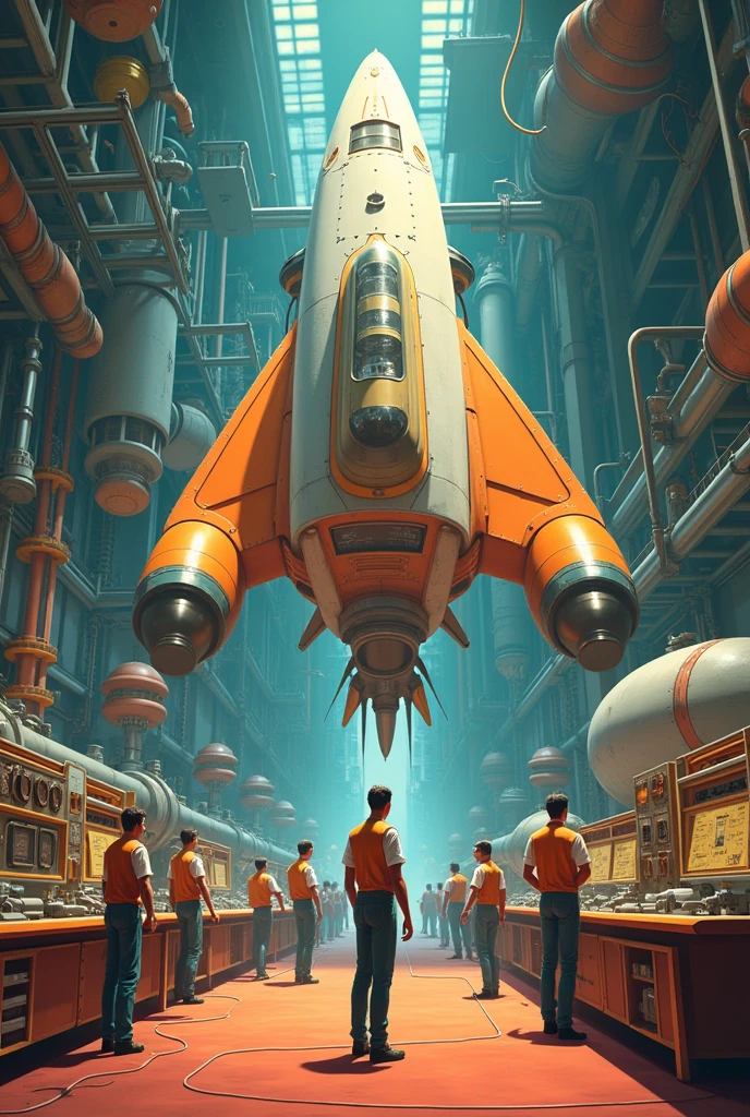 I want an animated image where several people are building a spaceship. I want it to be like in the 1957s.