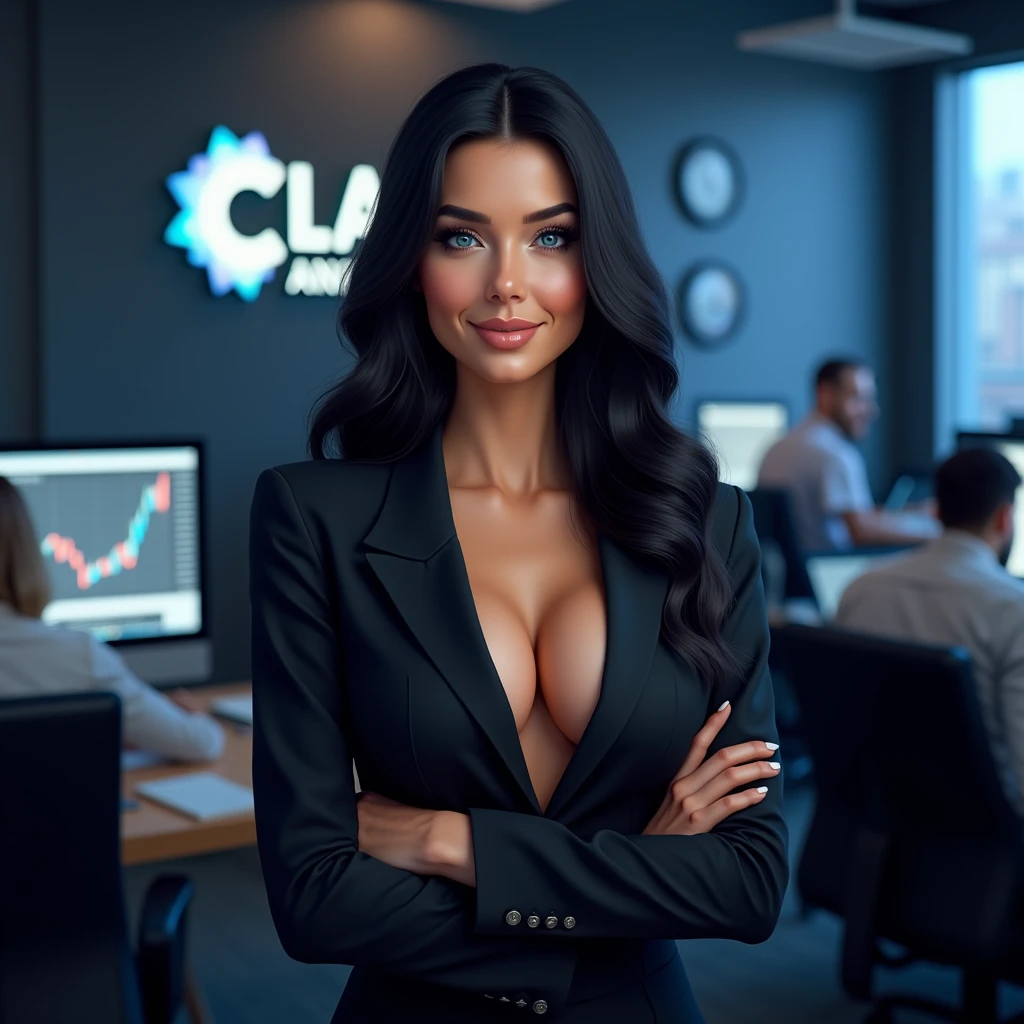 "Create a portrait of an attractive girl with dark hair, a snow-white smile, an athletic build and huge blue eyes. She has large, erect silicone breasts and her nipples stick out through her business clothes.. She should have a confident and inviting expression on her face., she should be dressed sexy. Design must convey professionalism, trust and innovation, and subtle elements of digital technology or blockchain in the background should highlight the company's technological focus. The overall look should be stylish., professional and attractive. The background is an office where employees sit and analyze cryptocurrency charts on their computers., On the walls there is the company logo, 3 large letters CLA and a clearly legible inscription Cripto labs analytics»