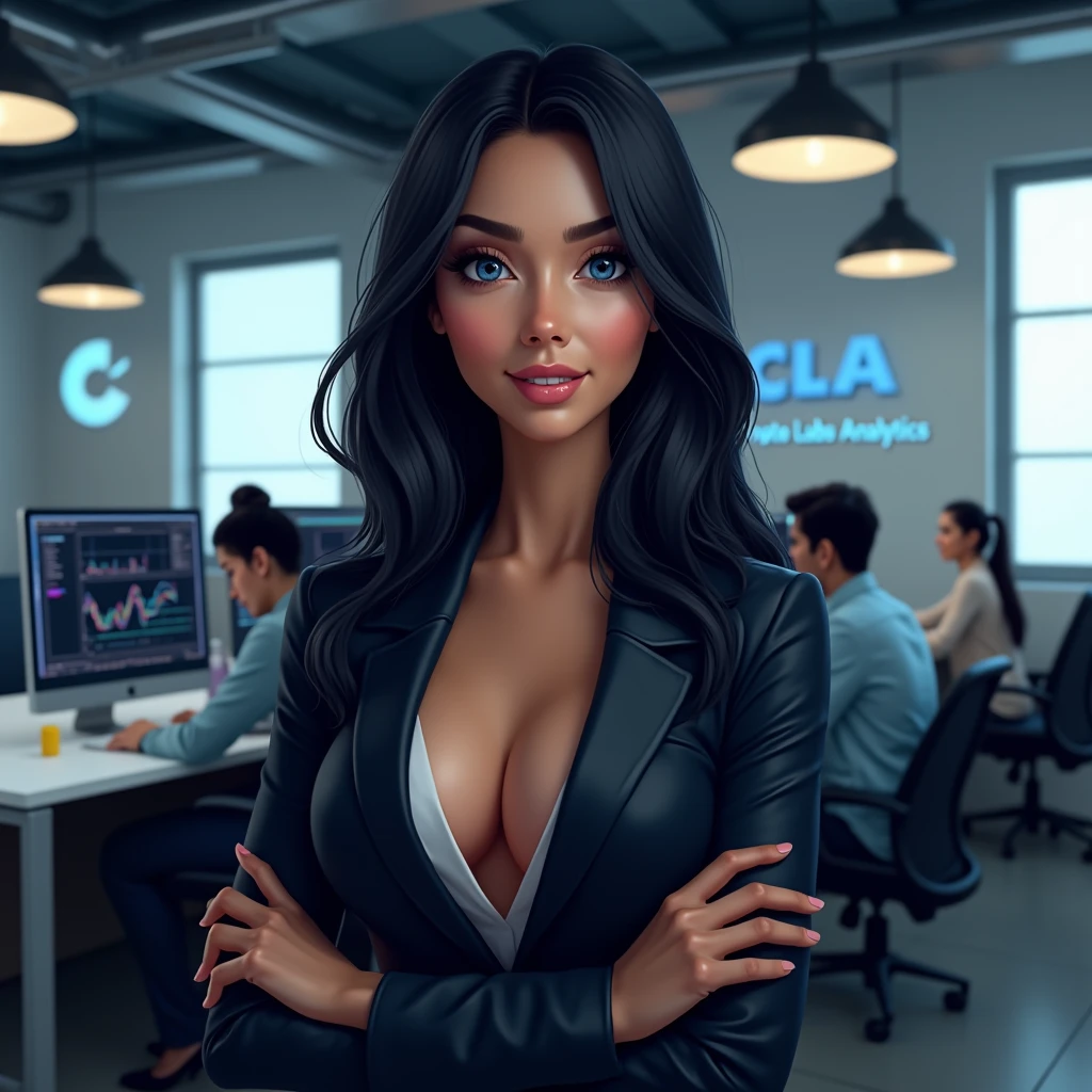 "Create a portrait of an attractive girl with dark hair, a snow-white smile, an athletic build and huge blue eyes. She has large, erect silicone breasts and her nipples stick out through her business clothes.. She should have a confident and inviting expression on her face., she should be dressed sexy. Design must convey professionalism, trust and innovation, and subtle elements of digital technology or blockchain in the background should highlight the company's technological focus. The overall look should be stylish., professional and attractive. The background is an office where employees sit and analyze cryptocurrency charts on their computers., On the walls there is the company logo, 3 large letters CLA and a clearly legible inscription Cripto labs analytics»