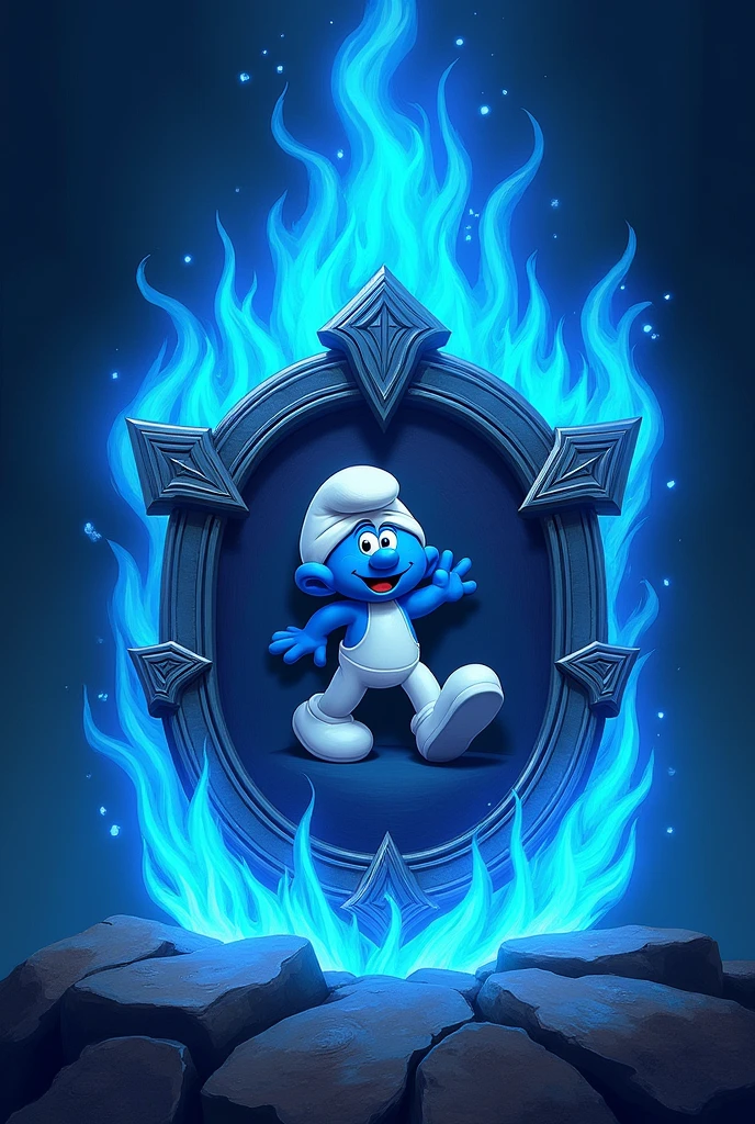 A brotherhood coat of arms with the name "Jehovah's Smurfs. put the name " Jehovah's Smurfs" on the coat of arms and a smurf. The coat of arms must be in blue flames.