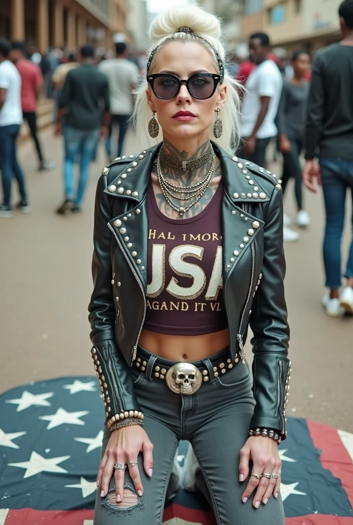 Anglosaxon old milf woman, , blonde platinum hair (beehive bun) and oversized square sunglasses as headband), with very light green eyes, extremely pale. Wearing studded cropped black moto jacket (zippers on the side. Cropped dark burgundy push up tank top with gothic lettering,, dark grey skinny low rise jeans with holes on knees .White tennis sneakers. Lots of thick wide studded  bracelets, chain collars and big rings. Tacky wide studded leather belt, with big skull and bones round buckle. Long earrings with chains. Kneeling on a large ragged usa flag, looking at the photographer. Craving, sensual face. Hands on knees. Trash on the floor. Looking at the camera, Toned abdominals, thin neck, slim legs and thin arms. Neck, chest, belly, hands and arms completely tattoed. Street of Nairobi, crowded with standing people