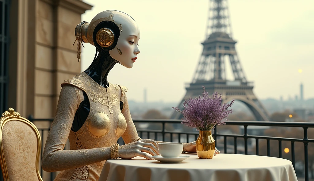 robot woman, on balcony at table with cup of coffee, lavender bouquet in vase, gold filigree couture clothing, cutout design, delicate lace pattern, intricate details, metallic feathers, ancient chinese style, with exquisite details, in front of eiffel tower, chowboy style shot, biomimicry, metallic particles, surreal, clam, classic, details, cinematic quality, minimalism, membaca pesan holographic text "please comeback" 