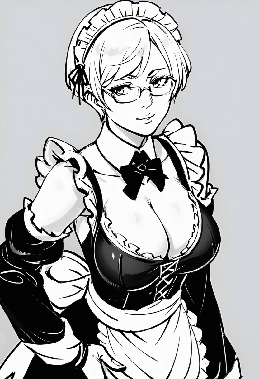 score_5_up,  score_6_up,    
 1girl, solo, hand on hip, wearing (maid outfit, maid headdress, glasses), large breasts, cleavage, frills, detached sleeves, detached collar, short hair