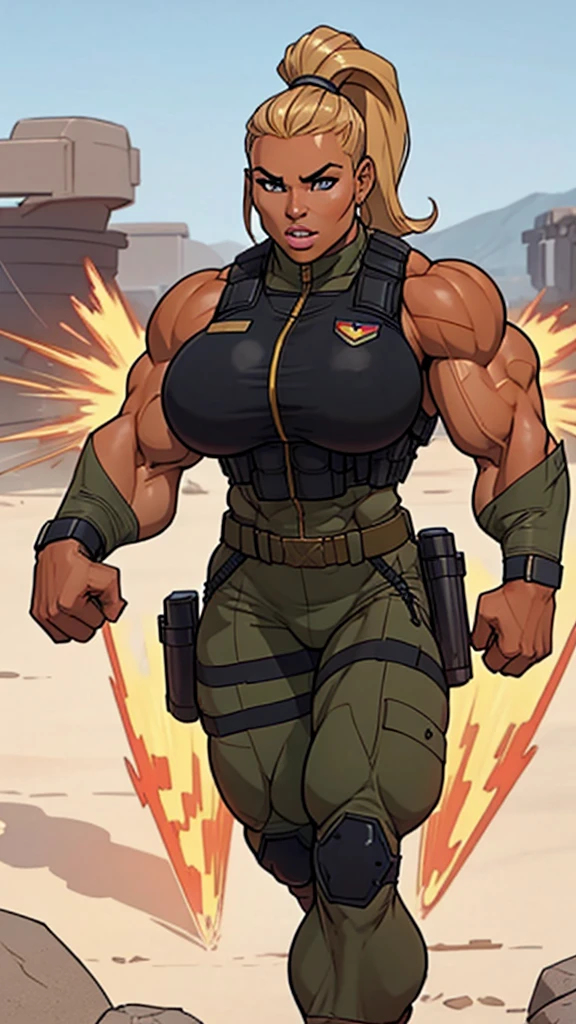 1girl, super soldier girl, coloured sketch, beautiful woman, ponytail hair, extremely tanned, wearing special forces military suit, tactical vest, strong well defined muscle, bulky powerful bodybuilder physique, great muscle definition, perfect muscular body, massive muscular thighs, perfect round fake breasts, running in the mid of the battle, explosions,