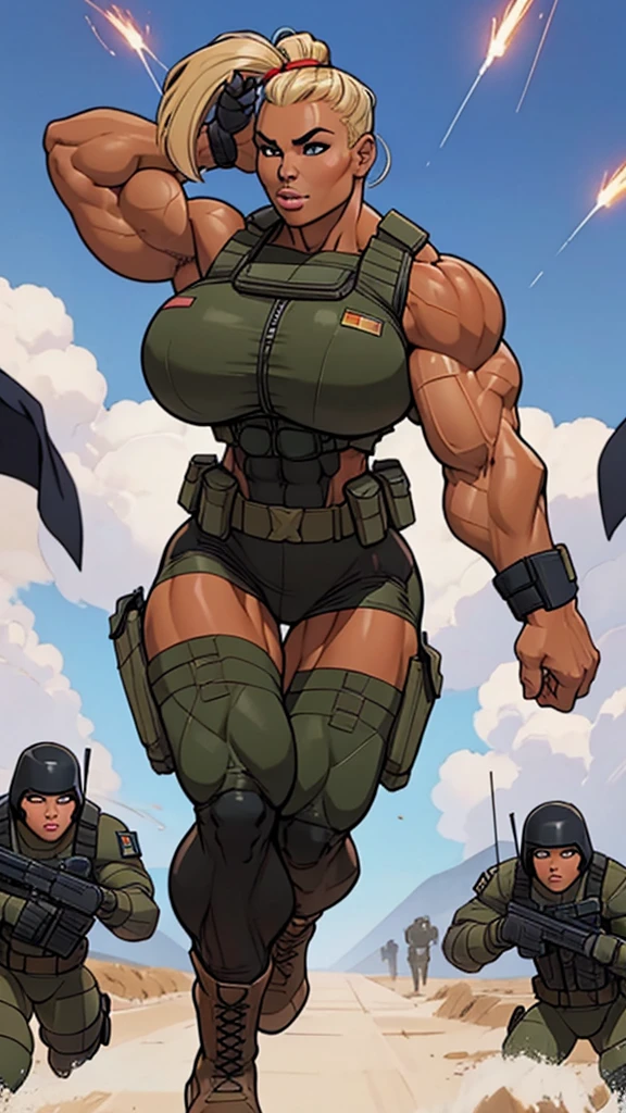 1girl, super soldier girl, coloured sketch, beautiful woman, ponytail hair, extremely tanned, wearing special forces military suit, tactical vest, strong well defined muscle, bulky powerful bodybuilder physique, great muscle definition, perfect muscular body, massive muscular thighs, perfect round fake breasts, running in the mid of the battle, explosions,