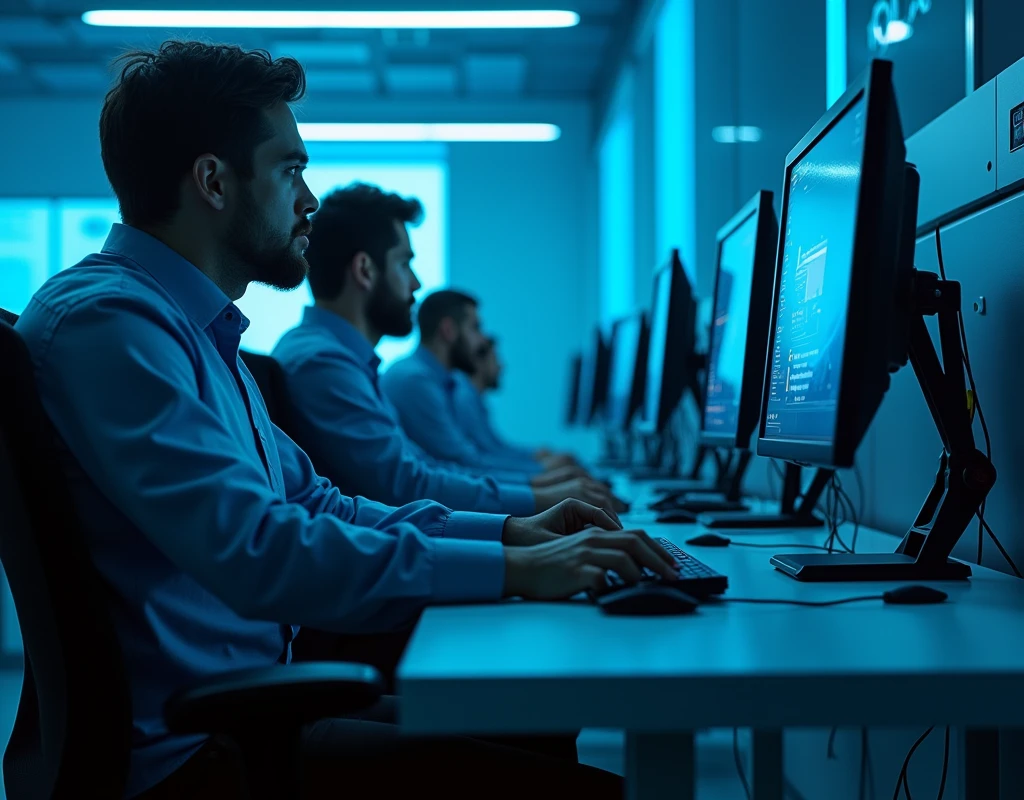 Il y a plusieurs homme assis de coté sur des bureaux avec deux écrans d'ordinateur., Éclairage bleu et , Post-production 8K, Post-production 8K, Éclairage bleu , Post-production 8K, Post-production 8K, Composition, Cyberpunk Clay, avec éclairage cinéma, Éclairage aux couleurs cinématographiques, Rendu 3D 8K tiré, Portrait pris en 8K avec le logo de "Twistreamv en bleu "