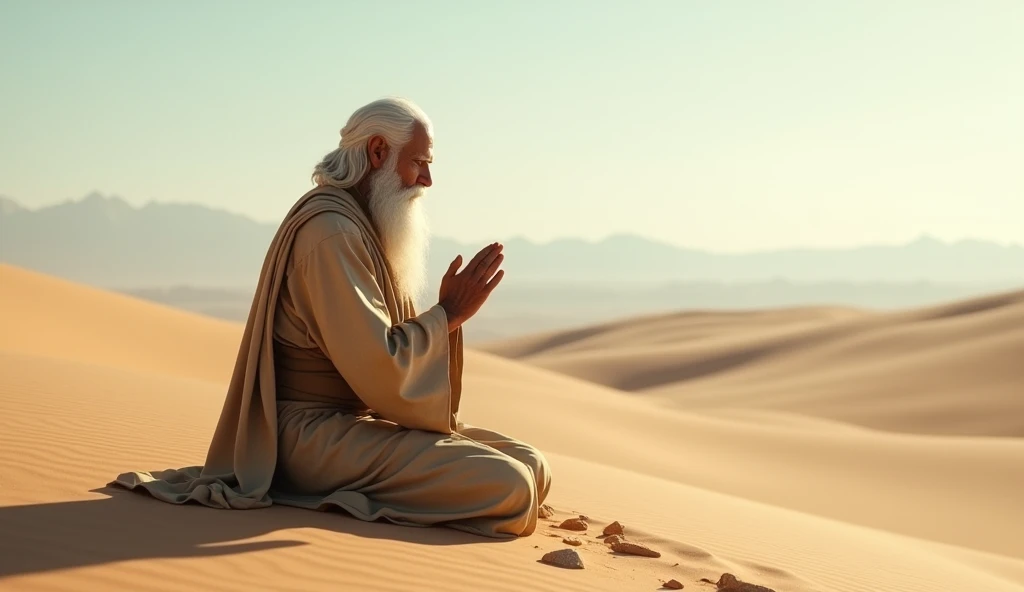 JOB GENTLEMAN WITH WHITE CALES FROM THE BIBLE HAPPY PRAYING IN THE DESERT