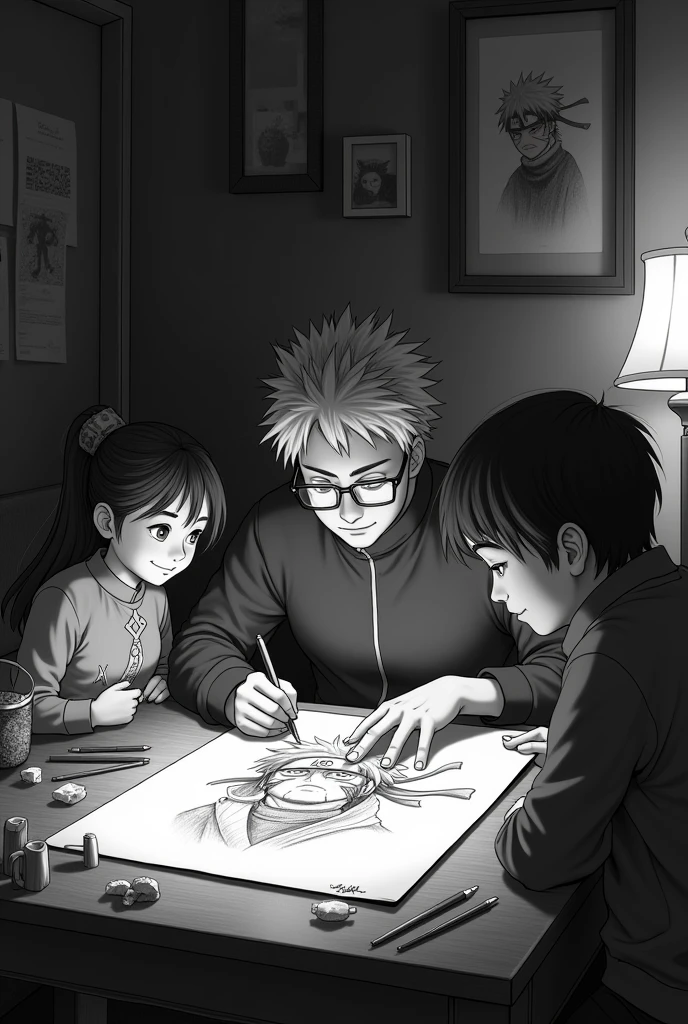Artist man with his family drawing Naruto on paper. black andwhite