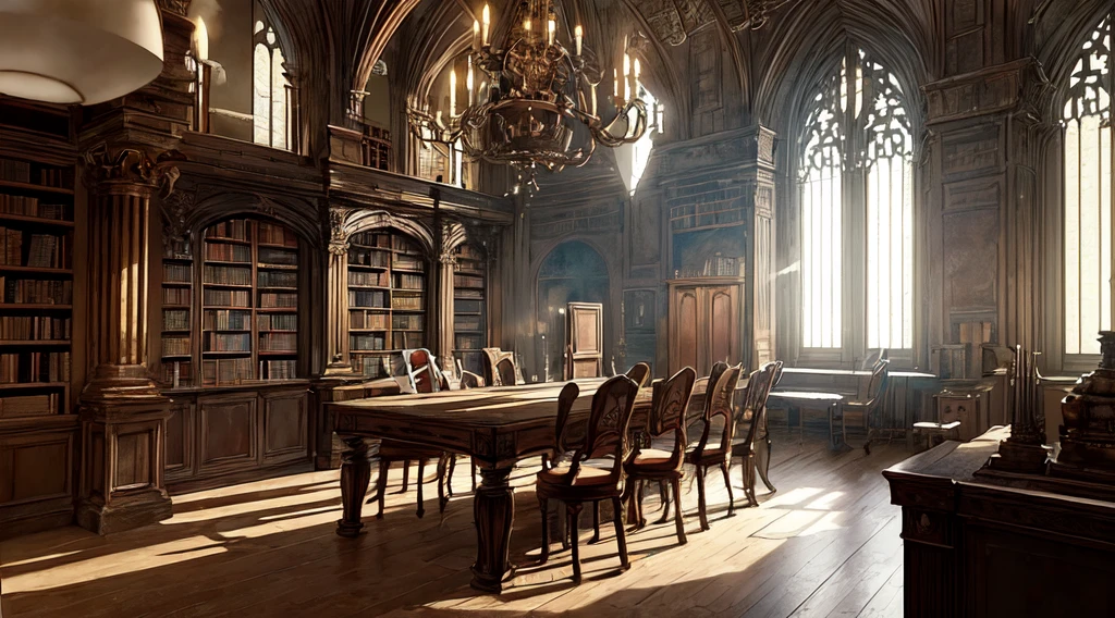 there is a room with a table, chair, and bookshelf, gothic epic library concept, alchemist library background, dusty library, library background, gothic epic library, gloomy library, castle library, inside a castle library, library of ruina concept art, dramatic lighting. concept art, render in unreal engine 5, ancient library, unreal engine 5 render dramatic