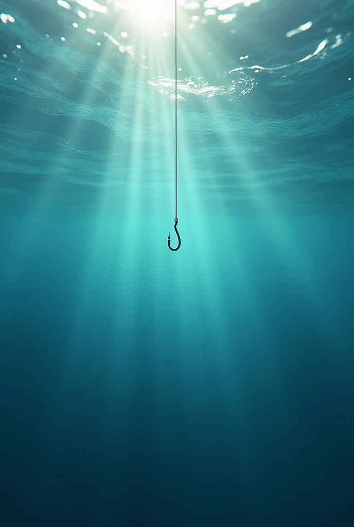Looking up from under water, the surface of the water looking up is shaking, fishing, the hook hangs down,