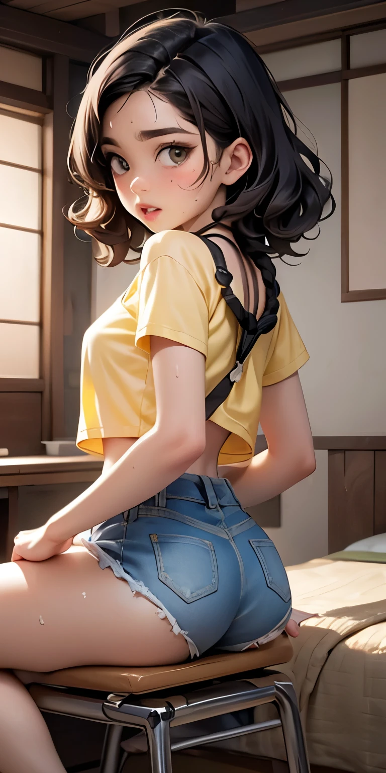 Mouth wide open and orgasmic face、See-through、Tatami Japanese room、White shorts(Backwards posture with emphasis on buttocks, riding position)Realistic Face、Sweaty、(8--old)(black braid hair、)))Tomboy.Emphasis on breast valley((Wearing Lemon yellow t-shirt.Wearing denim shorts))、((Wearing a red camisole))、Sexy posing、Moisturizing pink lips