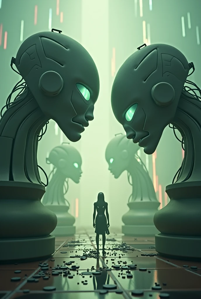 A surreal and cinematic piece of digital artwork with dystopian, eerie, and horror elements.Chess players  with bio-mechanical features looms over a tiny, distorted human silhouette. The background is a blend of faded colors, with opalescent hues adding to the overall mystique. The scene appears to be in Midjourney trending style, as if capturing a pivotal moment from a Ghibli-inspired animation. The style is reminiscent of surreal movies, with influences from Spanish horror movies and Sci-fi. The final piece resembles a striking movie poster, evoking a cinematic atmosphere.