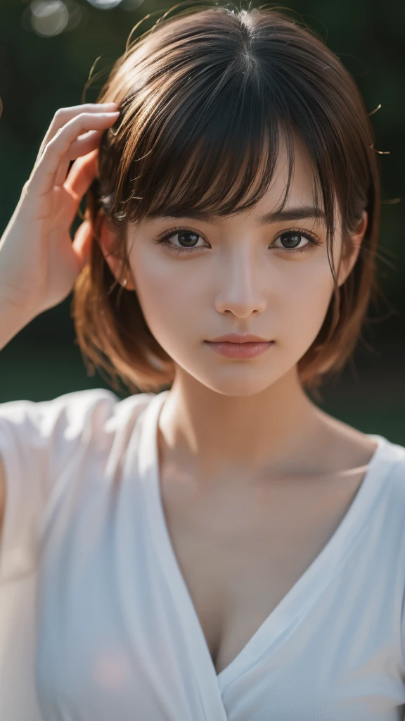 ((Realistic lighting, Highest quality, 8k, masterpiece:1.3)), Sharp focus:1.2, one person&#39;s, Beautiful woman with perfect figure:1.4, Slim Abs:1.1, ((Dark brown hair)), (White crop top:1.4）,（outside of home，Beachside：1.1），street，Ultra-fine face，Beautiful Eyes，double eyelid，Huge 